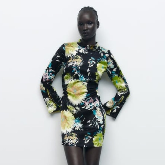 Zara Black Floral Printed Gathered Long Sleeve Mini Dress 7969/257/330 - Picture 11 of 11